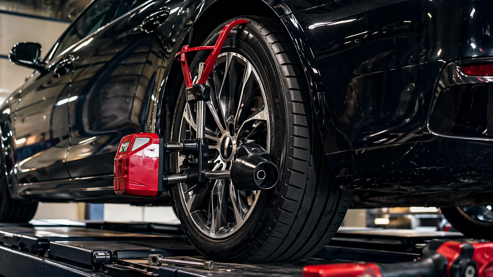 Black car with red wheel alignment equipment in workshop