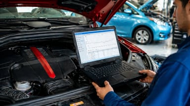 Technician using a laptop on a car engine for diagnostics