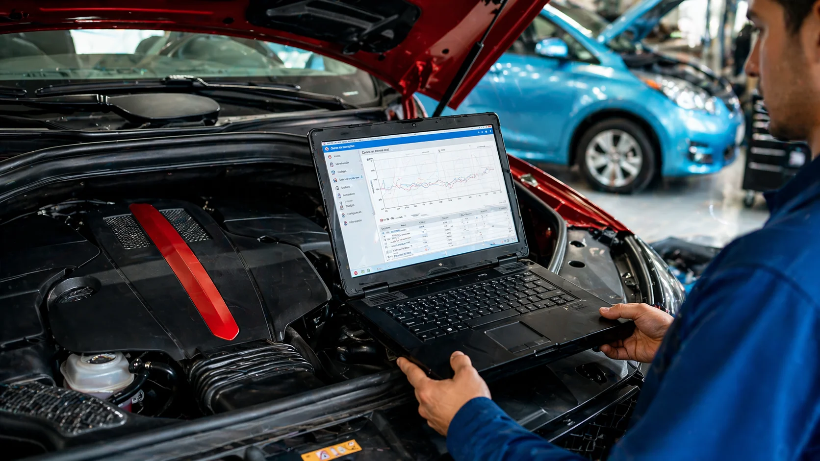 Technician using a laptop on a car engine for diagnostics