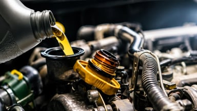 An engine being serviced with oil being poured.