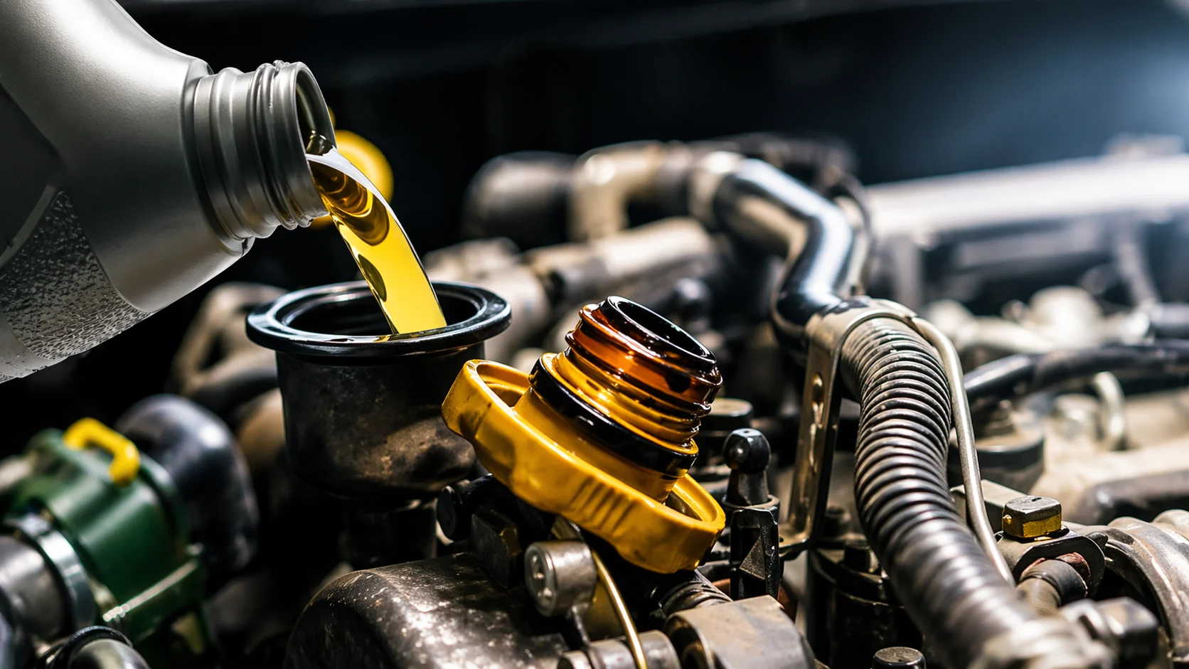 An engine being serviced with oil being poured.