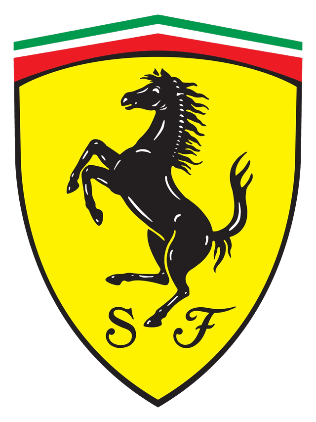 Ferrari logo featuring a black prancing horse on a yellow background