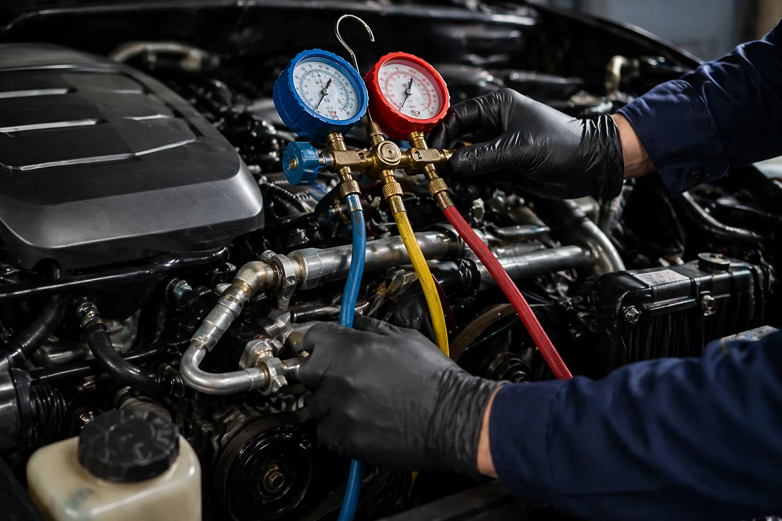 Mechanic using pressure gauges on car engine