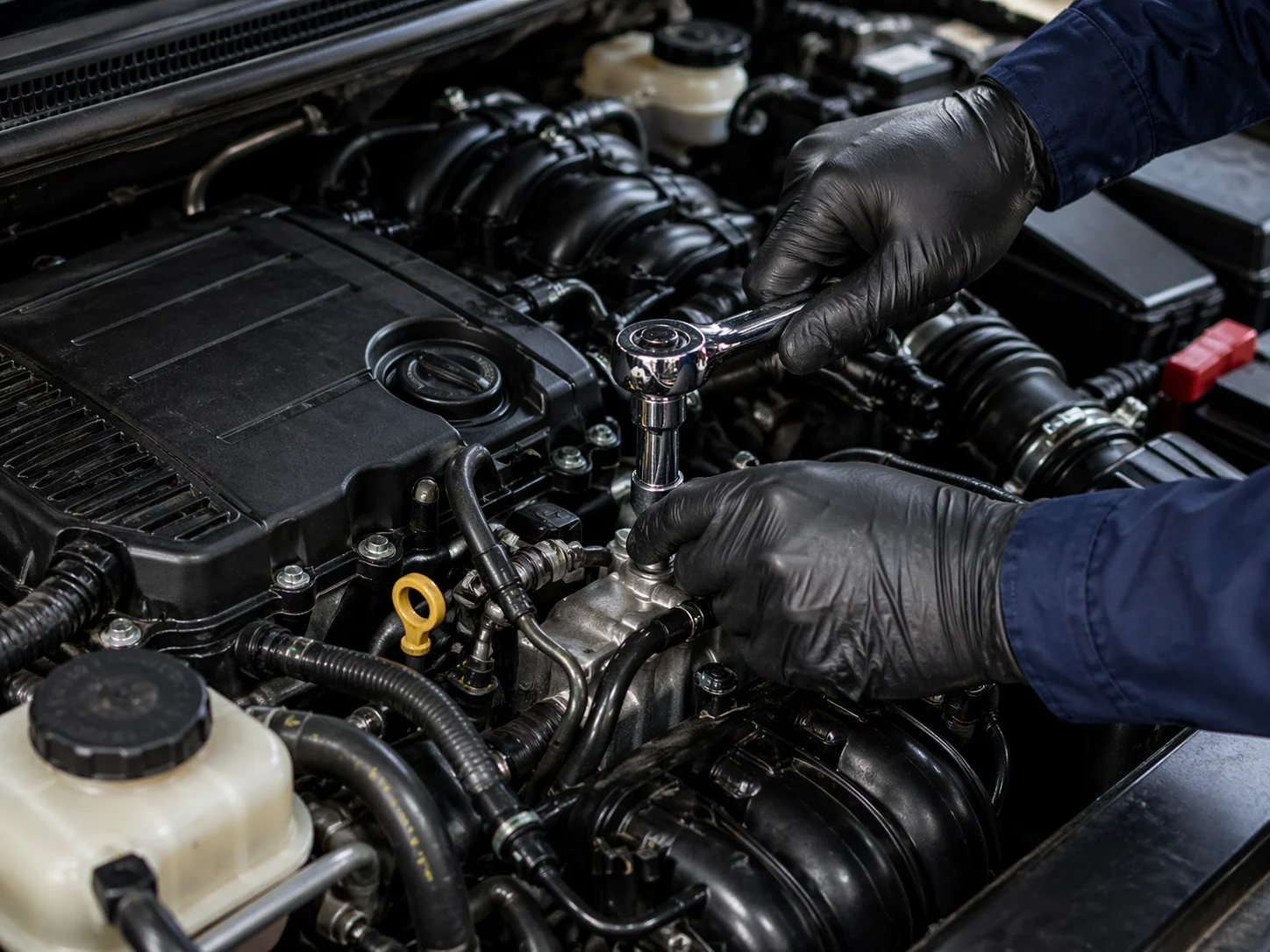 A mechanic using a wrench on a car engine.